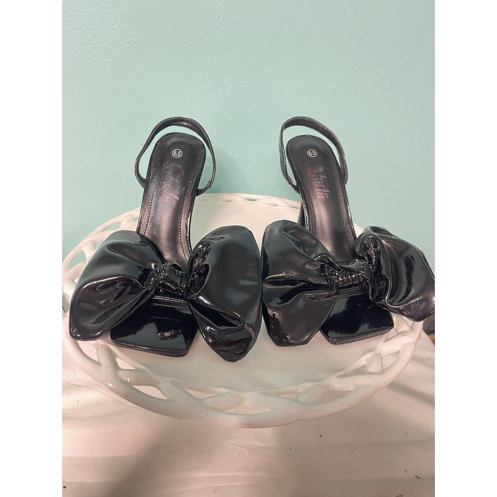 Black Patent Leather Size 6.5 Slingback  Heels Open Toe Bow‎ Classy S-312